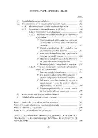 Págs.
6.1. Finalidad del tamaño del efecto ...................................................... 282
6.2. Procedimientos en el cálculo del tamaño del efecto ..................... 283
6.2.1. El coeficiente de correlación biserial puntual ................ 283
6.2.2. Tamaño del efecto (diferencia tipificada): ..................... 286
6.2.2.1. Concepto y fórmula general ............................... 286
6.2.2.2. Interpretación del tamaño del efecto (diferencia
tipificada) ............................................................ 287
1º Comparación de diferencias que provienen
de medidas obtenidas con instrumentos
distintos ......................................................... 287
2º Síntesis cuantitativas de resultados que
provienen de estudios distintos .................. 287
3º Valoración de la relevancia y significación
práctica de las diferencias ........................... 288
4º El tamaño del efecto cuando la diferencia
no es estadísticamente significativa ............. 291
5º Tamaño del efecto y tamaño de la muestra .. 292
6.2.2.3. Fórmulas del tamaño del efecto: desviación
típica del denominador ....................................... 294
1º Dos muestras independientes ..................... 294
2º Dos muestras relacionadas (diferencia entre el
pre-test y el post-test de la misma muestra) ... 298
3º Diferencia entre las medias de un grupo
experimental y otro de control (diseño
experimental) sin pre-test ............................ 298
4º Grupos experimental y de control cuando
los dos han tenido pre y post-test ............... 299
6.3. Transformaciones de unos valores en otros ................................... 299
6.4. Utilidad del tamaño del efecto: resumen ....................................... 301
ANEXO 1: Modelo del contraste de medias, resumen ..................................... 302
ANEXO 2: Conceptos básicos de estadística inferencial .................................. 304
ANEXO 3: Tablas de la t de Student ................................................................... 306
Anexo 4: El contraste de medias en Internet ................................................. 307
CAPÍTULO 9. ANÁLISIS DE VARIABLES NOMINALES: LA PRUEBA DE JI
CUADRADO (c2
) LA DISTRIBUCIÓN BINOMIAL, EL CONTRASTE DE
PROPORCIONES .............................................................................................. 309
ESTADÍSTICA APLICADA A LAS CIENCIAS SOCIALES
16
 