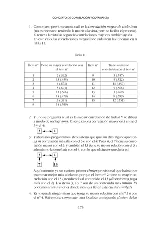 1. Como paso previo se anota cuál es la correlación mayor de cada ítem
(no es necesario teniendo la matriz a la vista, pero se facilita el proceso).
El tener a la vista las segundas correlaciones mayores también ayuda.
En este caso, las correlaciones mayores de cada ítem las tenemos en la
tabla 11.
CONCEPTO DE CORRELACIÓNYCOVARIANZA
173
Ítem nº Tiene su mayor correlación con Item nº Tiene su mayor
el ítem nº correlación con el ítem nº
1 2 (.392) 9 5 (.557)
2 13 (.455) 10 5 (.522)
3 4 (.673) 11 13 (.457)
4 3 (.673) 12 5 (.566)
5 12 (.566) 13 3 (.469)
6 14 (.478) 14 8 (.599)
7 3 (.391) 15 12 (.551)
8 14 (.599)
Tabla 11:
2. Y uno se pregunta ¿cual es la mayor correlación de todas? Y se dibuja
a modo de sociograma. En este caso la correlación mayor está entre el
3 y el 4:
3 4
3. Y ahora nos preguntamos: de los ítems que quedan ¿hay alguno que ten-
ga su correlación más alta con el 3 o con el 4? Pues sí, el 7 tiene su corre-
lación mayor con el 3, y también el 13 tiene su mayor relación con el 3 y
además no la tiene baja con el 4, con lo que el cluster quedaría así:
3 4
7 13
Aquí tenemos ya un curioso primer cluster provisional que habrá que
examinar mejor más adelante, porque el ítem nº 2 tiene su mayor co-
rrelación con el 13 (atendiendo al contenido el 13 (diversiones) pega
más con el 2). Los ítems 3, 4 y 7 son de un contenido más íntimo. Ya
podemos ir intuyendo a dónde nos va a llevar este cluster analysis
4. Ya no queda ningún ítem que tenga su mayor relación con el nº 3 o con
el nº 4. Volvemos a comenzar para localizar un segundo cluster: de las
 
