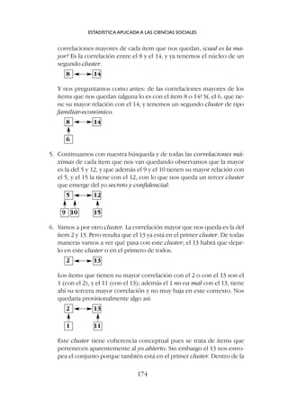 correlaciones mayores de cada ítem que nos quedan, ¿cual es la ma-
yor? Es la correlación entre el 8 y el 14, y ya tenemos el núcleo de un
segundo cluster.
8 14
Y nos preguntamos como antes: de las correlaciones mayores de los
ítems que nos quedan ¿alguna lo es con el ítem 8 o 14? Sí, el 6, que tie-
ne su mayor relación con el 14; y tenemos un segundo cluster de tipo
familiar-económico.
8 14
6
5. Continuamos con nuestra búsqueda y de todas las correlaciones má-
ximas de cada ítem que nos van quedando observamos que la mayor
es la del 5 y 12, y que además el 9 y el 10 tienen su mayor relación con
el 5, y el 15 la tiene con el 12, con lo que nos queda un tercer cluster
que emerge del yo secreto y confidencial:
5 12
9 10 15
6. Vamos a por otro cluster. La correlación mayor que nos queda es la del
ítem 2 y 13. Pero resulta que el 13 ya está en el primer cluster. De todas
maneras vamos a ver qué pasa con este cluster; el 13 habrá que dejar-
lo en este cluster o en el primero de todos.
2 13
Los ítems que tienen su mayor correlación con el 2 o con el 13 son el
1 (con el 2), y el 11 (con el 13); además el 1 no va mal con el 13, tiene
ahí su tercera mayor correlación y no muy baja en este contexto. Nos
quedaría provisionalmente algo así:
2 13
1 11
Este cluster tiene coherencia conceptual pues se trata de ítems que
pertenecen aparentemente al yo abierto. Sin embargo el 13 nos estro-
pea el conjunto porque también está en el primer cluster. Dentro de la
ESTADÍSTICA APLICADA A LAS CIENCIAS SOCIALES
174
 