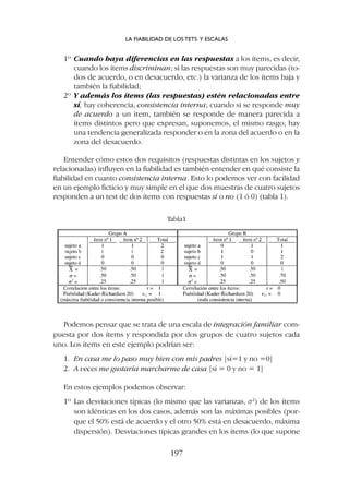1º Cuando haya diferencias en las respuestas a los ítems, es decir,
cuando los ítems discriminan; si las respuestas son muy parecidas (to-
dos de acuerdo, o en desacuerdo, etc.) la varianza de los ítems baja y
también la fiabilidad;
2º Y además los ítems (las respuestas) estén relacionadas entre
sí, hay coherencia, consistencia interna; cuando si se responde muy
de acuerdo a un ítem, también se responde de manera parecida a
ítems distintos pero que expresan, suponemos, el mismo rasgo; hay
una tendencia generalizada responder o en la zona del acuerdo o en la
zona del desacuerdo.
Entender cómo estos dos requisitos (respuestas distintas en los sujetos y
relacionadas) influyen en la fiabilidad es también entender en qué consiste la
fiabilidad en cuanto consistencia interna. Esto lo podemos ver con facilidad
en un ejemplo ficticio y muy simple en el que dos muestras de cuatro sujetos
responden a un test de dos ítems con respuestas sí o no (1 ó 0) (tabla 1).
Tabla1
Podemos pensar que se trata de una escala de integración familiar com-
puesta por dos ítems y respondida por dos grupos de cuatro sujetos cada
uno. Los ítems en este ejemplo podrían ser:
1. En casa me lo paso muy bien con mis padres [sí=1 y no =0]
2. A veces me gustaría marcharme de casa [sí = 0 y no = 1]
En estos ejemplos podemos observar:
1º Las desviaciones típicas (lo mismo que las varianzas, s2
) de los ítems
son idénticas en los dos casos, además son las máximas posibles (por-
que el 50% está de acuerdo y el otro 50% está en desacuerdo, máxima
dispersión). Desviaciones típicas grandes en los ítems (lo que supone
LA FIABILIDAD DE LOS TETS Y ESCALAS
197
 