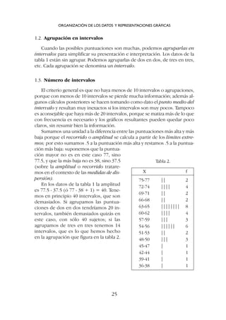 1.2. Agrupación en intervalos
Cuando las posibles puntuaciones son muchas, podemos agruparlas en
intervalos para simplificar su presentación e interpretación. Los datos de la
tabla 1 están sin agrupar. Podemos agruparlas de dos en dos, de tres en tres,
etc. Cada agrupación se denomina un intervalo.
1.3. Número de intervalos
El criterio general es que no haya menos de 10 intervalos o agrupaciones,
porque con menos de 10 intervalos se pierde mucha información; además al-
gunos cálculos posteriores se hacen tomando como dato el punto medio del
intervalo y resultan muy inexactos si los intervalos son muy pocos. Tampoco
es aconsejable que haya más de 20 intervalos, porque se matiza más de lo que
con frecuencia es necesario y los gráficos resultantes pueden quedar poco
claros, sin resumir bien la información.
Sumamos una unidad a la diferencia entre las puntuaciones más alta y más
baja porque el recorrido o amplitud se calcula a partir de los límites extre-
mos; por esto sumamos .5 a la puntuación más alta y restamos .5 a la puntua-
ción más baja: suponemos que la puntua-
ción mayor no es en este caso 77, sino
77.5, y que la más baja no es 38, sino 37.5
(sobre la amplitud o recorrido tratare-
mos en el contexto de las medidas de dis-
persión).
En los datos de la tabla 1 la amplitud
es 77.5 - 37.5 (ó 77 - 38 + 1) = 40. Tene-
mos en principio 40 intervalos, que son
demasiados. Si agrupamos las puntua-
ciones de dos en dos tendríamos 20 in-
tervalos, también demasiados quizás en
este caso, con sólo 40 sujetos; si las
agrupamos de tres en tres tenemos 14
intervalos, que es lo que hemos hecho
en la agrupación que figura en la tabla 2.
ORGANIZACIÓN DE LOS DATOS Y REPRESENTACIONES GRÁFICAS
25
Tabla 2.
X f
75-77 || 2
72-74 |||| 4
69-71 || 2
66-68 || 2
63-65 |||||||| 8
60-62 |||| 4
57-59 ||| 3
54-56 |||||| 6
51-53 || 2
48-50 ||| 3
45-47 | 1
42-44 | 1
39-41 | 1
36-38 | 1
 
