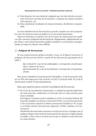 a) Para disponer de una visión de conjunto que sin más cálculos nos per-
mite hacernos una idea de la situación, comparar de manera intuitiva
varios grupos, etc.
b) Para comunicar resultados de manera intuitiva y fácilmente compren-
sible.
La mera distribución de frecuencias ya puede cumplir con estos propósi-
tos, pero los distintos tipos de gráficos son una ayuda importante.
Aquí nos limitamos a exponer tres de los tipos de representaciones gráfi-
cas más comunes, polígonos de frecuencias, histogramas y diagrama de ca-
jas. Estas y otras representaciones gráficas también se encuentran ya progra-
madas en hojas de cálculo como EXCEL.
2.1. Polígono de frecuencias
Es una representación gráfica sencilla y clara; en la figura I tenemos el
polígono de frecuencias hecho a partir de las frecuencias agrupadas de la
tabla 2
Eje vertical (Y, o eje de las ordenadas): corresponde a las frecuen-
cias o número de casos;
Eje horizontal (X, o eje de las abscisas): corresponde a las puntua-
ciones.
Para mayor claridad en la presentación del gráfico, el eje horizontal suele
ser un 50% más largo que el eje vertical; si el eje Y (vertical) mide 10, el eje X
(horizontal) medirá 15 aproximadamente.
Pasos que seguimos para construir un polígono de frecuencias:
1º En el eje de las abscisas (horizontal) se señalan los puntos inferiores
de cada intervalo, añadiendo un intervalo más en cada extremo para
mayor claridad.
En la figura I el primer punto señalado es el 33: es el punto inferior del
intervalo añadido al comienzo (intervalo 33-35), con una frecuencia de
0. En el extremo superior la última puntuación señalada es 78, ya que
es el límite inferior del intervalo siguiente (78-80), también con fre-
cuencia 0.
Añadiendo dos intervalos extremos con frecuencia 0 se consigue que el
polígono llegue hasta la línea horizontal de las abscisas; la figura queda
cerrada y clara; ésta es la razón por la que se añade un intervalo más
en cada extremo.
ORGANIZACIÓN DE LOS DATOS Y REPRESENTACIONES GRÁFICAS
27
 