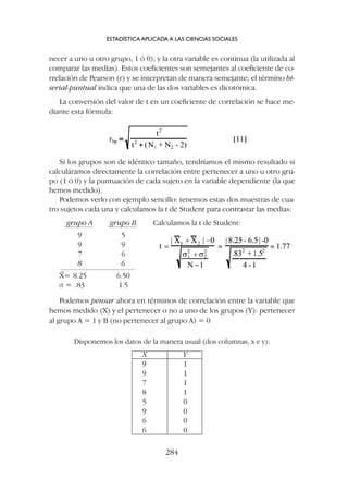 Disponemos los datos de la manera usual (dos columnas, x e y):
necer a uno u otro grupo, 1 ó 0), y la otra variable es continua (la utilizada al
comparar las medias). Estos coeficientes son semejantes al coeficiente de co-
rrelación de Pearson (r) y se interpretan de manera semejante; el término bi-
serial-puntual indica que una de las dos variables es dicotómica.
La conversión del valor de t en un coeficiente de correlación se hace me-
diante esta fórmula:
ESTADÍSTICA APLICADA A LAS CIENCIAS SOCIALES
284
Si los grupos son de idéntico tamaño, tendríamos el mismo resultado si
calculáramos directamente la correlación entre pertenecer a uno u otro gru-
po (1 ó 0) y la puntuación de cada sujeto en la variable dependiente (la que
hemos medido).
Podemos verlo con ejemplo sencillo: tenemos estas dos muestras de cua-
tro sujetos cada una y calculamos la t de Student para contrastar las medias:
grupo A grupo B Calculamos la t de Student:
9 5
9 9
7 6
8 6
X
–
= 8.25 6.50
s = .83 1.5
Podemos pensar ahora en términos de correlación entre la variable que
hemos medido (X) y el pertenecer o no a uno de los grupos (Y): pertenecer
al grupo A = 1 y B (no pertenecer al grupo A) = 0
X Y
9 1
9 1
7 1
8 1
5 0
9 0
6 0
6 0
 