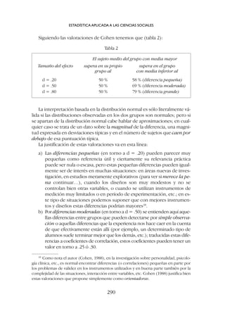 La interpretación basada en la distribución normal es sólo literalmente vá-
lida si las distribuciones observadas en los dos grupos son normales; pero si
se apartan de la distribución normal cabe hablar de aproximaciones; en cual-
quier caso se trata de un dato sobre la magnitud de la diferencia, una magni-
tud expresada en desviaciones típicas y en el número de sujetos que caen por
debajo de esa puntuación típica.
La justificación de estas valoraciones va en esta línea:
a) Las diferencias pequeñas (en torno a d = .20) pueden parecer muy
pequeñas como referencia útil y ciertamente su relevancia práctica
puede ser nula o escasa, pero estas pequeñas diferencias pueden igual-
mente ser de interés en muchas situaciones: en áreas nuevas de inves-
tigación, en estudios meramente explorativos (para ver si merece la pe-
na continuar…), cuando los diseños son muy modestos y no se
controlan bien otras variables, o cuando se utilizan instrumentos de
medición muy limitados o en período de experimentación, etc.; en es-
te tipo de situaciones podemos suponer que con mejores instrumen-
tos y diseños estas diferencias podrían mayores18
.
b) Por diferencias moderadas (en torno a d = .50) se entienden aquí aque-
llas diferencias entre grupos que pueden detectarse por simple observa-
ción o aquellas diferencias que la experiencia nos hace caer en la cuenta
de que efectivamente están allí (por ejemplo, un determinado tipo de
alumnos suele terminar mejor que los demás, etc.); traducidas estas dife-
rencias a coeficientes de correlación, estos coeficientes pueden tener un
valor en torno a .25 ó .30.
Siguiendo las valoraciones de Cohen tenemos que (tabla 2):
ESTADÍSTICA APLICADA A LAS CIENCIAS SOCIALES
290
18
Como nota el autor (Cohen, 1988), en la investigación sobre personalidad, psicolo-
gía clínica, etc., es normal encontrar diferencias (o correlaciones) pequeñas en parte por
los problemas de validez en los instrumentos utilizados y en buena parte también por la
complejidad de las situaciones, interacción entre variables, etc. Cohen (1988) justifica bien
estas valoraciones que propone simplemente como orientadoras.
El sujeto medio del grupo con media mayor
Tamaño del efecto supera en su propio supera en el grupo
grupo al con media inferior al
d = .20 50 % 58 % (diferencia pequeña)
d = .50 50 % 69 % (diferencia moderada)
d = .80 50 % 79 % (diferencia grande)
Tabla 2
 