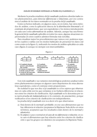 Con el ji cuadrado y sus variantes metodológicas podemos analizar todos
estos planteamientos aunque en algunos casos disponemos de otras alterna-
tivas equivalentes, como el contraste entre proporciones.
En realidad lo que nos dice el ji cuadrado es si los sujetos que observa-
mos en cada celda son los que veríamos si no hubiera diferencias ni relacio-
nes entre los criterios de clasificación. Al ji cuadrado se le denomina por es-
ta razón prueba de independencia (o lo contrario, de asociación), porque
verificamos si los criterios de clasificación son independientes.
La prueba del ji cuadrado nos va a decir si lo que observamos:
a) Está dentro de lo normal y probable; en ese caso afirmaremos que no
hay diferencia ni relación (aceptamos la Hipótesis Nula dicho en otros
términos; aceptamos que los resultados están dentro de lo normal y
aleatorio).
b) Es atípico y poco normal en el caso de no diferencia o relación; en es-
te caso sí afirmaremos que hay relación entre los criterios de clasifica-
ción o que los grupos son distintos (no aceptamos la Hipótesis Nula).
Mediante la prueba estadística del ji cuadrado podemos abordar todos es-
tos planteamientos, para detectar diferencias y relaciones, por eso centra-
mos el análisis de los datos nominales en la prueba del ji cuadrado.
Como ya hemos indicado, en algunos casos, no en todos, hay otros méto-
dos de análisis, como la aplicación directa de la distribución binomial y el
contraste de proporciones, que son equivalentes y los iremos introduciendo
en cada caso como alternativas de análisis. Además, aunque hay una fórmu-
la general del ji cuadrado aplicable en todos los casos, algunas situaciones re-
presentadas en estos cuadros admiten fórmulas más sencillas.
Para visualizar mejor los procedimientos que vamos a ver, podemos repe-
tir los cuadros o tablas con los modos habituales de presentar los datos (tal
como están en la figura 1), indicando los modos de análisis aplicables en cada
caso (figura 2) aunque no siempre son intercambiables.
Figura 2
ANÁLISIS DEVARIABLES NOMINALES: LA PRUEBA DE JI CUADRADO (c2
)
311
 