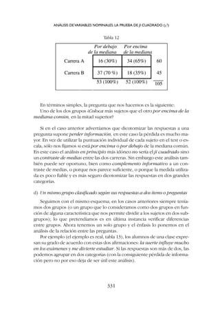 En términos simples, la pregunta que nos hacemos es la siguiente:
Uno de los dos grupos ¿Coloca más sujetos que el otro por encima de la
mediana común, en la mitad superior?
Si en el caso anterior advertíamos que dicotomizar las respuestas a una
pregunta supone perder información, en este caso la pérdida es mucho ma-
yor. En vez de utilizar la puntuación individual de cada sujeto en el test o es-
cala, sólo nos fijamos si está por encima o por debajo de la mediana común.
En este caso el análisis en principio más idóneo no sería el ji cuadrado sino
un contraste de medias entre las dos carreras. Sin embargo este análisis tam-
bién puede ser oportuno, bien como complemento informativo a un con-
traste de medias, o porque nos parece suficiente, o porque la medida utiliza-
da es poco fiable y es más seguro dicotomizar las respuestas en dos grandes
categorías.
d) Un mismo grupo clasificado según sus respuestas a dos ítems o preguntas
Seguimos con el mismo esquema; en los casos anteriores siempre tenía-
mos dos grupos (o un grupo que lo consideramos como dos grupos en fun-
ción de alguna característica que nos permite dividir a los sujetos en dos sub-
grupos); lo que pretendíamos es en última instancia verificar diferencias
entre grupos. Ahora tenemos un solo grupo y el énfasis lo ponemos en el
análisis de la relación entre las preguntas.
Por ejemplo (el ejemplo es real, tabla 13), los alumnos de una clase expre-
san su grado de acuerdo con estas dos afirmaciones: la suerte influye mucho
en los exámenes y me divierte estudiar. Si las respuestas son más de dos, las
podemos agrupar en dos categorías (con la consiguiente pérdida de informa-
ción pero no por eso deja de ser útil este análisis).
Tabla 12
ANÁLISIS DEVARIABLES NOMINALES: LA PRUEBA DE JI CUADRADO (c2
)
331
 