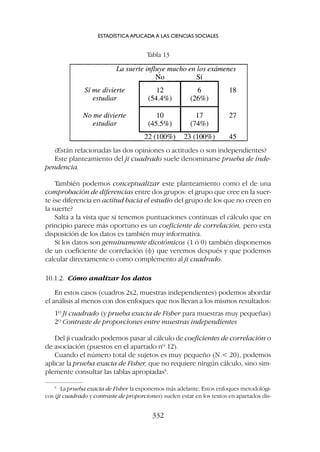 ¿Están relacionadas las dos opiniones o actitudes o son independientes?
Este planteamiento del ji cuadrado suele denominarse prueba de inde-
pendencia.
También podemos conceptualizar este planteamiento como el de una
comprobación de diferencias entre dos grupos: el grupo que cree en la suer-
te ¿se diferencia en actitud hacia el estudio del grupo de los que no creen en
la suerte?
Salta a la vista que si tenemos puntuaciones continuas el cálculo que en
principio parece más oportuno es un coeficiente de correlación, pero esta
disposición de los datos es también muy informativa.
Si los datos son genuinamente dicotómicos (1 ó 0) también disponemos
de un coeficiente de correlación (f) que veremos después y que podemos
calcular directamente o como complemento al ji cuadrado.
10.1.2. Cómo analizar los datos
En estos casos (cuadros 2x2, muestras independientes) podemos abordar
el análisis al menos con dos enfoques que nos llevan a los mismos resultados:
1º Ji cuadrado (y prueba exacta de Fisher para muestras muy pequeñas)
2º Contraste de proporciones entre muestras independientes
Del ji cuadrado podemos pasar al cálculo de coeficientes de correlación o
de asociación (puestos en el apartado nº 12).
Cuando el número total de sujetos es muy pequeño (N  20), podemos
aplicar la prueba exacta de Fisher, que no requiere ningún cálculo, sino sim-
plemente consultar las tablas apropiadas6
.
ESTADÍSTICA APLICADA A LAS CIENCIAS SOCIALES
332
Tabla 13
6
La prueba exacta de Fisher la exponemos más adelante. Estos enfoques metodológi-
cos (ji cuadrado y contraste de proporciones) suelen estar en los textos en apartados dis-
 