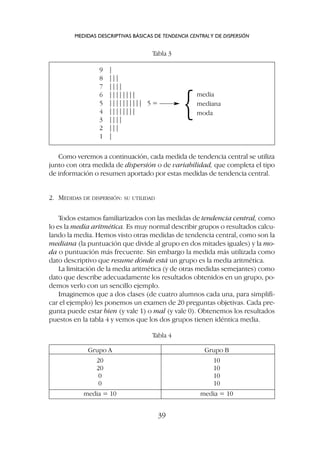 Como veremos a continuación, cada medida de tendencia central se utiliza
junto con otra medida de dispersión o de variabilidad, que completa el tipo
de información o resumen aportado por estas medidas de tendencia central.
2. MEDIDAS DE DISPERSIÓN: SU UTILIDAD
Todos estamos familiarizados con las medidas de tendencia central, como
lo es la media aritmética. Es muy normal describir grupos o resultados calcu-
lando la media. Hemos visto otras medidas de tendencia central, como son la
mediana (la puntuación que divide al grupo en dos mitades iguales) y la mo-
da o puntuación más frecuente. Sin embargo la medida más utilizada como
dato descriptivo que resume dónde está un grupo es la media aritmética.
La limitación de la media aritmética (y de otras medidas semejantes) como
dato que describe adecuadamente los resultados obtenidos en un grupo, po-
demos verlo con un sencillo ejemplo.
Imaginemos que a dos clases (de cuatro alumnos cada una, para simplifi-
car el ejemplo) les ponemos un examen de 20 preguntas objetivas. Cada pre-
gunta puede estar bien (y vale 1) o mal (y vale 0). Obtenemos los resultados
puestos en la tabla 4 y vemos que los dos grupos tienen idéntica media.
MEDIDAS DESCRIPTIVAS BÁSICAS DE TENDENCIA CENTRALY DE DISPERSIÓN
39
9 |
8 |||
7 ||||
6 ||||||||
5 |||||||||| 5 =
4 ||||||||
3 ||||
2 |||
1 |
Grupo A Grupo B
20 10
20 10
0 10
0 10
media = 10 media = 10
{
media
mediana
moda
Tabla 3
Tabla 4
 