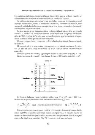 los análisis estadísticos. Son medidas de dispersión que se utilizan cuando se
utiliza la media aritmética como medida de tendencia central.
Se utilizan también otros pares de medidas, tanto de tendencia central
(que ya hemos visto, como la mediana y la moda) como de dispersión, que
son ya de utilidad más limitada, aunque tienen su lugar como descriptores de
un conjunto de puntuaciones.
La desviación semi-intercuartílica es la medida de dispersión apropiada
cuando la medida de tendencia central es la mediana, y expresa la disper-
sión del 50% central del grupo, por lo que, lo mismo que la mediana, se pres-
cinde también de las puntuaciones extremas.
El concepto es claro y podemos verlo en la distribución de frecuencias de
la tabla 10.
Hemos dividido la muestra en cuatro partes con idéntico número de suje-
tos (el 25% en cada una); los límites de estas cuartas partes se denominan
cuartiles:
Límite superior del cuartil 3 (queda por debajo el 75 % del total) (Q3) = 12.5
Límite superior del cuartil 1 (queda por debajo el 25 % del total) (Q1) = 6.5
MEDIDAS DESCRIPTIVAS BÁSICAS DE TENDENCIA CENTRALY DE DISPERSIÓN
59
Tabla 10
Es decir, y dicho de manera más sencilla, entre 6.5 y 12.5 está el 50% cen-
tral de los sujetos; la desviación semi-intercuartílica (Q) será:
[22] en este ejemplo tendríamos
Este ejemplo está puesto para explicar el concepto; lo normal es que los lí-
mites del 50% central no estén tan claros a simple vista; el cálculo exacto lo
veremos al tratar de los percentiles, pues se trata simplemente de calcular por
interpolación los percentiles 25 y 75, como se explica en su lugar.
 