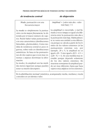 de tendencia central de dispersión
MEDIDAS DESCRIPTIVAS BÁSICAS DE TENDENCIA CENTRALY DE DISPERSIÓN
63
Moda: puntuación con una
frecuencia mayor
La moda es simplemente la puntua-
ción con la mayor frecuencia, la ob-
tenida por el mayor número de suje-
tos. Puede haber varias puntuaciones
con esta característica (distribuciones
bimodales, plurimodales). Como me-
dida de tendencia central es poco ri-
gurosa, sobre todo en distribuciones
asimétricas. Se basa en las puntuacio-
nes de dos sujetos que si son muy ex-
tremas y atípicas desvirtúan la infor-
mación.
La moda y la amplitud son las medi-
das menos rigurosas aunque pueden
tener su interés descriptivo.
Amplitud = [valor más alto - valor
más bajo] +1
La amplitud (o recorrido, y mal lla-
mada a veces rango) es igual a la dife-
rencia entre la puntuación más alta y
la puntuación más baja. Habitualmen-
te se suma una unidad a esta diferen-
cia porque se calcula a partir de los lí-
mites de los valores extremos (si las
puntuaciones extremas son, por
ejemplo, 20 y 5, la amplitud no es
igual a 20 - 5 sino igual a 20.5 - 4.5 =
[(20 - 5) + 1]. Es una medida muy in-
estable porque depende solamente
de los dos valores extremos. En
muestras semejantes la amplitud pue-
de ser muy diferente; basta que haya
sujetos muy atípicos en los extremos.
En la distribución normal (simétrica, acampanada) media, mediana y moda
coinciden en un idéntico valor.
 