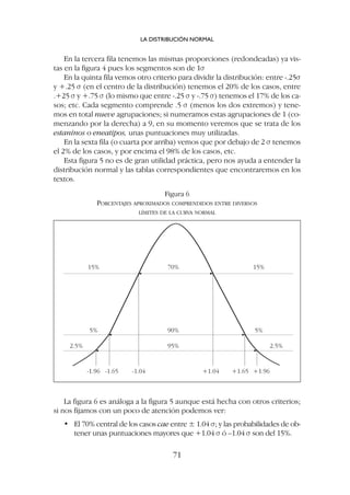 En la tercera fila tenemos las mismas proporciones (redondeadas) ya vis-
tas en la figura 4 pues los segmentos son de 1s
En la quinta fila vemos otro criterio para dividir la distribución: entre -.25s
y +.25 s (en el centro de la distribución) tenemos el 20% de los casos, entre
.+25 s y +.75 s (lo mismo que entre -.25 s y -.75 s) tenemos el 17% de los ca-
sos; etc. Cada segmento comprende .5 s (menos los dos extremos) y tene-
mos en total nueve agrupaciones; si numeramos estas agrupaciones de 1 (co-
menzando por la derecha) a 9, en su momento veremos que se trata de los
estaninos o eneatipos, unas puntuaciones muy utilizadas.
En la sexta fila (o cuarta por arriba) vemos que por debajo de 2 s tenemos
el 2% de los casos, y por encima el 98% de los casos, etc.
Esta figura 5 no es de gran utilidad práctica, pero nos ayuda a entender la
distribución normal y las tablas correspondientes que encontraremos en los
textos.
LA DISTRIBUCIÓN NORMAL
71
15% 70% 15%
5% 90% 5%
2.5% 95% 2.5%
-1.96 -1.65 -1.04 +1.04 +1.65 +1.96
Figura 6
PORCENTAJES APROXIMADOS COMPRENDIDOS ENTRE DIVERSOS
LÍMITES DE LA CURVA NORMAL
La figura 6 es análoga a la figura 5 aunque está hecha con otros criterios;
si nos fijamos con un poco de atención podemos ver:
• El 70% central de los casos cae entre ± 1.04 s; y las probabilidades de ob-
tener unas puntuaciones mayores que +1.04 s ó –1.04 s son del 15%.
 
