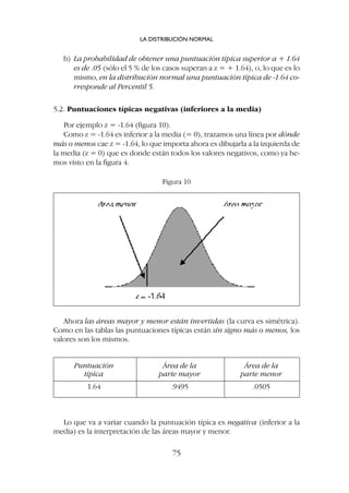 b) La probabilidad de obtener una puntuación típica superior a + 1.64
es de .05 (sólo el 5 % de los casos superan a z = + 1.64), o, lo que es lo
mismo, en la distribución normal una puntuación típica de -1.64 co-
rresponde al Percentil 5.
5.2. Puntuaciones típicas negativas (inferiores a la media)
Por ejemplo z = -1.64 (figura 10).
Como z = -1.64 es inferior a la media (= 0), trazamos una línea por dónde
más o menos cae z = -1.64, lo que importa ahora es dibujarla a la izquierda de
la media (z = 0) que es donde están todos los valores negativos, como ya he-
mos visto en la figura 4.
LA DISTRIBUCIÓN NORMAL
75
Figura 10
Puntuación Área de la Área de la
típica parte mayor parte menor
1.64 .9495 .0505
Ahora las áreas mayor y menor están invertidas (la curva es simétrica).
Como en las tablas las puntuaciones típicas están sin signo más o menos, los
valores son los mismos.
Lo que va a variar cuando la puntuación típica es negativa (inferior a la
media) es la interpretación de las áreas mayor y menor.
 