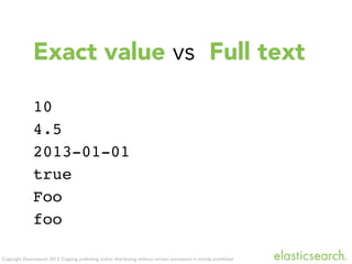 Copyright Elasticsearch 2013. Copying, publishing and/or distributing without written permission is strictly prohibited
Exact value vs
10
4.5
2013-01-01
true
Foo
foo
Full text
 
