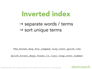 Copyright Elasticsearch 2013. Copying, publishing and/or distributing without written permission is strictly prohibited
Inverted index
→ separate words / terms
→ sort unique terms
The,brown,dog,fox,jumped,lazy,over,quick,the
Quick,brown,dogs,foxes,in,lazy,leap,over,summer
 