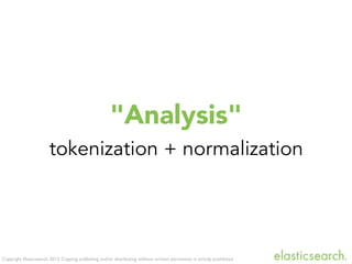 Copyright Elasticsearch 2013. Copying, publishing and/or distributing without written permission is strictly prohibited
"Analysis"
tokenization + normalization
 