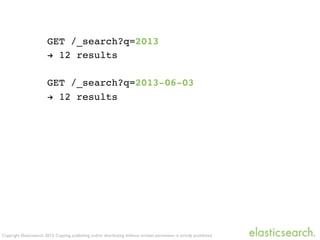 Copyright Elasticsearch 2013. Copying, publishing and/or distributing without written permission is strictly prohibited
GET /_search?q=2013
! 12 results
GET /_search?q=2013-06-03
! 12 results
 