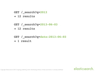 Copyright Elasticsearch 2013. Copying, publishing and/or distributing without written permission is strictly prohibited
GET /_search?q=2013
! 12 results
GET /_search?q=2013-06-03
! 12 results
GET /_search?q=date:2013-06-03
! 1 result
 