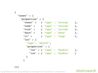Copyright Elasticsearch 2013. Copying, publishing and/or distributing without written permission is strictly prohibited
{
"tweet" : {
"properties" : {
"tweet" : { "type" : "string" },
"name" : { "type" : "string" },
"nick" : { "type" : "string" },
"date" : { "type" : "date" },
"rt" : { "type" : "long" },
"loc" : {
"type": "object",
"properties" : {
"lat" : { "type" : "double" },
"lon" : { "type" : "double" }
}
}
}}}
 