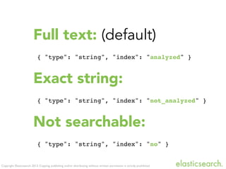 Copyright Elasticsearch 2013. Copying, publishing and/or distributing without written permission is strictly prohibited
Full text: (default)
{ "type": "string", "index": "analyzed" }
Exact string:
{ "type": "string", "index": "not_analyzed" }
Not searchable:
{ "type": "string", "index": "no" }
 