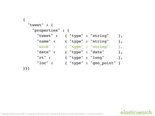Copyright Elasticsearch 2013. Copying, publishing and/or distributing without written permission is strictly prohibited
{
"tweet" : {
"properties" : {
"tweet" : { "type" : "string" },
"name" : { "type" : "string" },
"nick" : { "type" : "string" },
"date" : { "type" : "date" },
"rt" : { "type" : "long" },
"loc" : { "type" : "geo_point" }
}}}
 