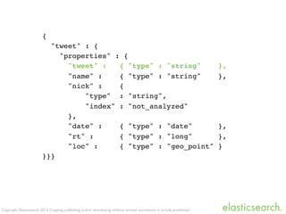 Copyright Elasticsearch 2013. Copying, publishing and/or distributing without written permission is strictly prohibited
{
"tweet" : {
"properties" : {
"tweet" : { "type" : "string" },
"name" : { "type" : "string" },
"nick" : {
"type" : "string",
"index" : "not_analyzed"
},
"date" : { "type" : "date" },
"rt" : { "type" : "long" },
"loc" : { "type" : "geo_point" }
}}}
 