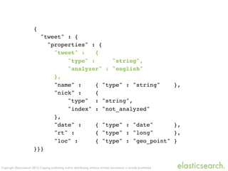 Copyright Elasticsearch 2013. Copying, publishing and/or distributing without written permission is strictly prohibited
{
"tweet" : {
"properties" : {
"tweet" : {
"type" : "string",
"analyzer" : "english"
},
"name" : { "type" : "string" },
"nick" : {
"type" : "string",
"index" : "not_analyzed"
},
"date" : { "type" : "date" },
"rt" : { "type" : "long" },
"loc" : { "type" : "geo_point" }
}}}
 