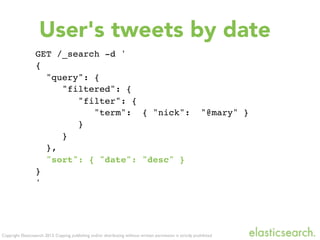 Copyright Elasticsearch 2013. Copying, publishing and/or distributing without written permission is strictly prohibited
GET /_search -d '
{
"query": {
"filtered": {
"filter": {
"term": { "nick": "@mary" }
}
}
},
"sort": { "date": "desc" }
}
'
User's tweets by date
 
