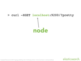 Copyright Elasticsearch 2013. Copying, publishing and/or distributing without written permission is strictly prohibited
> curl -XGET localhost:9200/?pretty
node
 