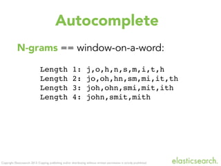 Copyright Elasticsearch 2013. Copying, publishing and/or distributing without written permission is strictly prohibited
N-grams == window-on-a-word:
Length 1: j,o,h,n,s,m,i,t,h
Length 2: jo,oh,hn,sm,mi,it,th
Length 3: joh,ohn,smi,mit,ith
Length 4: john,smit,mith
Autocomplete
 