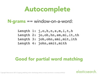 Copyright Elasticsearch 2013. Copying, publishing and/or distributing without written permission is strictly prohibited
N-grams == window-on-a-word:
Length 1: j,o,h,n,s,m,i,t,h
Length 2: jo,oh,hn,sm,mi,it,th
Length 3: joh,ohn,smi,mit,ith
Length 4: john,smit,mith
Autocomplete
Good for partial word matching
 