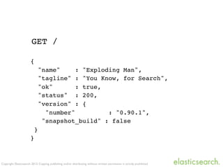 Copyright Elasticsearch 2013. Copying, publishing and/or distributing without written permission is strictly prohibited
GET /
{
"name" : "Exploding Man",
"tagline" : "You Know, for Search",
"ok" : true,
"status" : 200,
"version" : {
"number" : "0.90.1",
"snapshot_build" : false
}
}
 