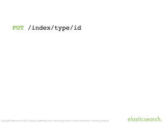 Copyright Elasticsearch 2013. Copying, publishing and/or distributing without written permission is strictly prohibited
PUT /index/type/id
 