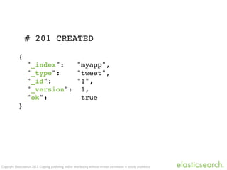 Copyright Elasticsearch 2013. Copying, publishing and/or distributing without written permission is strictly prohibited
{
"_index": "myapp",
"_type": "tweet",
"_id": "1",
"_version": 1,
"ok": true
}
# 201 CREATED
 