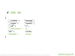 Copyright Elasticsearch 2013. Copying, publishing and/or distributing without written permission is strictly prohibited
{
"_index": "myapp",
"_type": "tweet",
"_id": "1",
"_version": 3,
"ok": true,
"found": true
}
# 200 OK
 