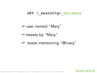 Copyright Elasticsearch 2013. Copying, publishing and/or distributing without written permission is strictly prohibited
GET /_search?q=_all:mary
→ user named "Mary"
→ tweets by "Mary"
→ tweet mentioning "@mary"
 