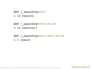 Copyright Elasticsearch 2013. Copying, publishing and/or distributing without written permission is strictly prohibited
GET /_search?q=2013
! 12 results
GET /_search?q=2013-06-03
! 12 results!!
GET /_search?q=date:2013-06-03
! 1 result
 