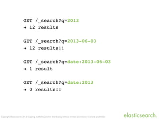 Copyright Elasticsearch 2013. Copying, publishing and/or distributing without written permission is strictly prohibited
GET /_search?q=2013
! 12 results
GET /_search?q=2013-06-03
! 12 results!!
GET /_search?q=date:2013-06-03
! 1 result
GET /_search?q=date:2013
! 0 results!!
 