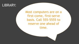 Most computers are on a
first-come, first-serve
basis. Call 555-5555 to
reserve one ahead of
time.
LIBRARY:
 