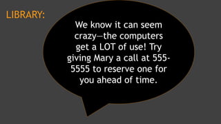 We know it can seem
crazy—the computers
get a LOT of use! Try
giving Mary a call at 555-
5555 to reserve one for
you ahead of time.
LIBRARY:
 