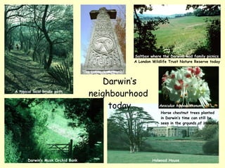 Darwin’s neighbourhood  today A typical local bridle path Saltbox where the Darwins had family picnics A London Wildlife T...