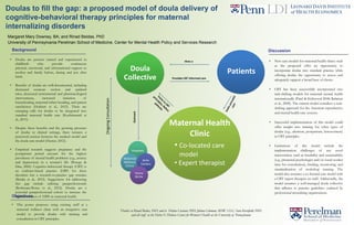 • This poster proposes using existing staff at a
maternal wellness clinic with an integrative care
model to provide doulas with training and
consultation in CBT principles.
Objectives
• New care models for maternal health clinics such
as the proposed offer an opportunity to
incorporate doulas into standard practice while
offering doulas the opportunity to access and
adequately support a broad base of clients.
• CBT has been successfully incorporated into
task-shifting models for maternal mental health
internationally (Patel & Kirkwood 2008; Rahman
et al., 2008). The current model considers a task-
shifting approach for the American reproductive
and mental health care systems.
• Successful implementation of this model could
offer insight into training for other types of
doulas (e.g., abortion, postpartum, bereavement)
in CBT principles.
• Limitations of this model include the
implementation challenges of any novel
intervention, such as feasibility and sustainability
(e.g., protected psychologist and/or social worker
time for consultation), funding, monitoring, and
standardization of workshop training. The
model also assumes a co-located care model with
a CBT expert therapist on staff. Additionally, the
model assumes a well-managed doula collective
that adheres to practice guidelines outlined by
professional accrediting organizations.
Discussion
• Doulas are persons trained and experienced in
childbirth who provide continuous
physical, emotional, and informational support to
mother and family before, during and just after
birth.
• Benefits of doulas are well-documented, including
decreased cesarean section and epidural
rates, decreased instrumental and pharmacological
interventions, increased initiation of
breastfeeding, maternal-infant bonding, and patient
satisfaction (Hodnett et al., 2012). There are
emerging calls for doulas to be integrated into
standard maternal health care (Kozhimannil et
al., 2013).
• Despite these benefits and the growing presence
of doulas in clinical settings, there remains a
perceived tension between the medical model and
the doula care model (Hunter, 2012).
• Empirical research suggests pregnancy and the
postpartum period account for the highest
prevalence of mental health problems (e.g., anxiety
and depression) in a woman's life (Botega &
Dias, 2006). Cognitive-behavioral therapy (CBT) is
an evidence-based practice (EBP) for these
disorders but a research-to-practice gap remains
(Beidas et al., 2012). Suggestions for addressing
this gap include utilizing paraprofessionals
(Rotheram-Borus et al., 2012). Doulas are a
potential paraprofessional cohort to increase the
implementation of EBPs in maternal health.
Background
Doulas to fill the gap: a proposed model of doula delivery of
cognitive-behavioral therapy principles for maternal
internalizing disorders
Margaret Mary Downey, BA; and Rinad Beidas, PhD
University of Pennsylvania Perelman School of Medicine, Center for Mental Health Policy and Services Research
Doula
Collective
Hospitals
Maternal
Wellness
Clinics
Birth
Centers
Home
Births
Maternal Health
Clinic
OngoingConsultation
• Co-located care
model
• Expert therapist
Patients
Outreach
Thanks to Rinad Beidas, PhD; and to Delane Casiano; PhD; Jabina Coleman, MSW, CLC; Sara Kornfield, PhD;
and all staff at the Helen O. Dickens Center for Women’s Health at the University of Pennsylvania
Hires a
Provides CBT informed care
 