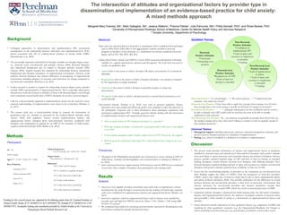 Non-Doctoral;
Positive Attitudes
• Confidence in
implementing CBT
• Lack of space and
resources to implement
as intended
• Funding
Non-Doctoral;
Positive Attitudes
• Confidence in
implementing CBT
• Lack of space and
resources to implement
as intended
• Funding
Background
• Ecological approaches to dissemination and implementation (DI) recommend
consideration of the relationship between individual- and organizational-level (IOL)
factors associated with DI of evidence-based practices in mental health (EBPs;
Damschroder et al., 2009).
• Two potentially important individual-level therapist variables are therapist degree status
(i.e., doctoral versus non-doctoral) and attitudes (Aarons, 2006). Research illustrates
that educational background may be related to therapist attitudes towards EBPs
(Aarons, 2004). Limited research has examined the relationship between educational
background and therapist perception of organizational environment. Previous work
indicates doctoral therapists may endorse differences in perceptions of organizational
environment including adequacy of resources and motivation for change compared to
non-doctoral counterparts (Downey et al., 2012)
• Further research is needed to examine the relationship between degree status, attitudes
towards EBPs, and perception of organizational factors. This is especially salient given
that previous work has focused on attitudes of those with doctoral degrees even though
most community mental health clinic (CMHC) therapists do not have doctoral degrees
• Calls for a mixed-methods approach in implementation science cite the need for a more
nuanced understanding of implementation issues faced in the community (Palinkas et
al., 2011)
• The current study uses a mixed-methods design to examine the intersection of
quantitative data (i.e., attitudes as measured by the Evidence-Based Attitudes Scale;
Aarons, 2004) with qualitative themes around implementation barriers and
organizational factors emergent from semi-structured interviews conducted with
therapists who participated in training for an EBP of the treatment of child anxiety,
cognitive-behavioral therapy (CBT; Beidas et al,. 2012).
Methods
 
 
Stratified Themes
Doctoral; Positive: “As a psychologist…”; “My current practice…”; “I implemented the
program…but within my system”
Doctoral; Less Positive: “I have been able to apply the concepts from training, even if I don’t
have enough time in the work setting to actually do full kind of Coping Cat treatment”.
Non-Doctoral; Positive: “…(adequate training gave) me the confidence and the tools to
be able to identify who CBT would work for and then the tools to be able to actually
implement it with someone”.
Non-Doctoral; Less Positive: “In…our structure we generally see people when they’re here (in
the medical setting) and so they often aren’t willing to commit to come in regularly outside of
that (medical treatment)”.
Universal Themes
• Managerial support (including supervision, openness, educated management, materials, and
passive assent to therapist practice) as a facilitator of implementation
• Setting (e.g., school or medical) as a facilitator of or barrier to implementation
Discussion
• The present study provides information on barriers and organizational factors in therapists;
stratified by doctoral status and attitude level. Doctoral-level therapists with positive attitudes
were more likely to report autonomy and ownership whereas doctoral-level therapists with less
positive attitudes reported required usage of CBT and lack of time for therapy as intended.
Striking divergence existed between doctoral level therapists with differing attitudes. Non-
doctoral therapists reported funding and lack of space and resources as a barrier; non-doctoral
therapists with positive attitudes reported more confidence in their use of CBT.
• Given that the overwhelming majority of providers in the community are non-doctoral level,
these findings suggest the reality of CMHCs from the perspective of front-line providers.
CMHCs tend to have high rates of turnover which may be due to lower organizational climate
and culture (Glisson and James, 2002). One possible explanation for the differences we found
between doctoral and non-doctoral providers is their level of autonomy. Interventions that
increase autonomy for non-doctoral providers may increase satisfaction towards their
organization and attitudes towards EBPs which may result in increased provision of EBPs.
• Limitations include: therapists volunteered for initial training study, the self-report of attitudes,
barriers, and organizational-level factors, the inclusion of graduate students in doctoral status,
and potentially a third variable of setting as a determinant of organizational-level factors and
attitudes.
• Future directions include exploration of other qualitative themes (e.g., adaptation of EBPs) and
stratifying by other quantitative measures (e.g., the Organizational Readiness for Change) as
well as stratifying by professional type (e.g., psychologist, psychiatrist, social worker, nurse).
Measures
Degree status was operationalized as doctoral (i.e., participants with a completed doctoral degree
such as PhD, PsyD, EdD, MD, or DO and graduate students enrolled in doctoral
programs at baseline) or non-doctoral (i.e., participants not having completed a doctoral
degree such as MA, MS, MFT, RN, BA)
Evidence-Based Practice Attitude Scale (EBPAS; Aarons 2005) measured individual-level therapist
variables (i.e., appeal, requirements, openness and divergence). The total score was used to
stratify our qualitative data.
• Appeal refers to the extent to which a therapist will adopt a new practice if it is intuitively
appealing
• Requirements refer to the extent to which a therapist will adopt a new practice if required
by the organization or legally mandated
• Openness is the extent to which a therapist is generally receptive to using new
interventions
• Divergence is the extent to which a therapist perceives research-based treatments as not
useful clinically
Semi-structured interviews (Stirman et al., 2012) were used to generate qualitative themes.
Questions were open-ended and follow-up probes were included to tailor the interview to
the participants’ responses and to elicit information about participant experiences and
perceptions implementing CBT. Example questions directly dealing with the intersection
of implementation barriers and organizational factors were:
• How are specific elements of CBT working in your practice (i.e., exposures)?
• What types of policies, procedures, or characteristics of your agency make it either easier or more difficult
to use CBT?
• Is there anything management could or should to support the use of CBT? How do they show support?
• What do you feel you would need to keep using CBT or what would you need to change for you to use
it more?
Procedures
• Therapists in the Philadelphia metropolitan area volunteered to receive training in CBT for
child anxiety. Attitudes and demographics were measured prior to training (see Beidas et
al., 2012)
• Semi-structured interviews (approximately 45-60 minutes) and the EBPAS were conducted
2-years later with a sample of therapists who participated in the training study
Results
Analysis
• Interviews were digitally recorded, transcribed, and coded with a comprehensive scheme
developed for the study through a consensus line-by-line reading of 8 transcripts. Separate
codes were established for implementation barriers and organizational factors (Beidas et al
2013)
• Interviews segments coded for organizational factors and/or barriers were stratified by
provider type and high/low EBPAS total score (Mean = 3.04 ; Median = 3.00) using QSR
NVIVO 10 software
• We conducted data analysis by extracting universal themes reported by all participants and
then themes stratified by attitude and doctoral status
The intersection of attitudes and organizational factors by provider type in 
dissemination and implementation of an evidence-based practice for child anxiety: 
A mixed methods approach
Margaret Mary Downey, BA1
; Mark Gallagher, BA1
; Jessica Watkins1
; Prianna Pathak1
; Julie Edmunds, MA2
; Phillip Kendall, PhD2
; and Rinad Beidas, PhD1
1
University of Pennsylvania Perelman School of Medicine, Center for Mental Health Policy and Services Research
2
 Temple University, Department of Psychology 
Funding for this research project was supported by the following grants from the National Institutes ofFunding for this research project was supported by the following grants from the National Institutes of
Mental Health: Beidas (F31 MH083333; K23 MH099179); Kendall (F31 MH083333; U01Mental Health: Beidas (F31 MH083333; K23 MH099179); Kendall (F31 MH083333; U01
MH063747). Invaluable training and consultation provided by Shimrit Kedden of the University ofMH063747). Invaluable training and consultation provided by Shimrit Kedden of the University of
Pennsylvania Mixed Methods Research Lab.Pennsylvania Mixed Methods Research Lab.
Doctoral;
Positive Attitudes
•Autonomy
• Ownership over
position
Doctoral;
Positive Attitudes
•Autonomy
• Ownership over
position
Doctoral; Less
Positive Attitudes
•Required use of CBT
•Lack of time for
therapy as intended
Doctoral; Less
Positive Attitudes
•Required use of CBT
•Lack of time for
therapy as intended
Non-Doctoral; Less
Positive Attitudes
• Lack of regular access
to clients
• Lack of space and
resources to implement
as intended
• Funding
Non-Doctoral; Less
Positive Attitudes
• Lack of regular access
to clients
• Lack of space and
resources to implement
as intended
• Funding
Participants
N = 50
92.0% Female
Ages: 23 - 75 (M = 35.09, SD = 10.85)
Race/Ethnicity:
Caucasian 74.0 %
African-American 8.0%
Asian 8.0 %
Other 4.0 %
Clinical Experience:
0 to 372 months (M = 69.59, SD = 86.85)
Degree Status:
Non-Doctoral = 28; Doctoral = 22
Education:
64.0 % had a master’s degree
18.0 % enrolled in a graduate program
6.0 % had a doctorate in philosophy
4.0 % had a medical degree
4.0 % had a doctorate in psychology
4.0 % had a doctorate in education
 