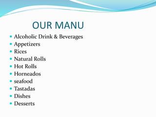 OUR MANU
Alcoholic Drink & Beverages
Appetizers
Rices
Natural Rolls
Hot Rolls
Horneados
seafood
Tastadas
Dishes
Desserts
