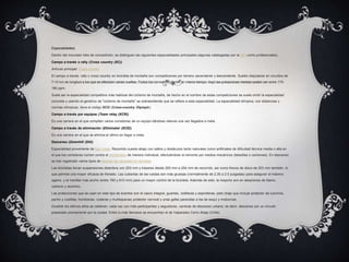 Especialidades[
Dentro del mountain bike de competición, se distinguen las siguientes especialidades principales (algunas catalogadas por la UCI como profesionales).
Campo a través o rally (Cross country (XC))
Artículo principal: Cross country
El campo a través, rally o cross country en bicicleta de montaña son competiciones por terreno ascendente y descendente. Suelen disputarse en circuitos de
7-10 km de longitud a los que se efectúan varias vueltas. Todos los corredores parten al mismo tiempo. Aquí las pulsaciones medias suelen ser entre 170-
180 ppm.
Suele ser la especialidad competitiva más habitual del ciclismo de montaña, de hecho en el nombre de estas competiciones se suele omitir la especialidad
concreta y usando el genérico de "ciclismo de montaña" se sobreentiende que se refiere a esta especialidad. La especialidad olímpica, con distancias y
normas olímpicas, lleva el código XCO (Cross-country Olympic).
Campo a través por equipos (Team relay (XCR))
Es una carrera en el que compiten varios corredores de un equipo dándose relevos una vez llegados a meta.
Campo a través de eliminación (Eliminator (XCE))
Es una carrera en el que se elimina el último en llegar a meta.
Descenso (Downhill (DH))
Especialidad proveniente de four cross. Recorrido cuesta abajo con saltos y obstáculos tanto naturales como artificiales de dificultad técnica media o alta en
el que los corredores luchan contra el cronómetro de manera individual, efectuándose el remonte por medios mecánicos (telesillas o camiones). En descenso
se han registrado varios tipos de récords de velocidad en bicicleta.
Las bicicletas llevan suspensiones delantera con 203 mm y traseras desde 200 mm a 254 mm de recorrido, así como frenos de disco de 203 mm también, lo
que permite una mayor eficacia de frenado. Las cubiertas de las ruedas son más gruesas (normalmente de 2,35 a 2.5 pulgadas) para asegurar el máximo
agarre, y el manillar más ancho (entre 760 y 810 mm) para un mayor control de la bicicleta. Además de esto, la mayoría son en aleaciones de titanio,
carbono y aluminio.
Las protecciones que se usan en este tipo de eventos son el casco integral, guantes, rodilleras y espinilleras, peto (traje que incluye protector de columna,
pecho y costillas, hombreras, coderas y muñequeras) protector cervical y unas gafas parecidas a las de esquí y motocross.
Durante los últimos años se celebran, cada vez con más participantes y seguidores, carreras de descenso urbano; es decir, descenso por un circuito
preparado previamente por la ciudad. Entre lo más famosos se encuentran el de Valparaíso Cerro Abajo (Chile).
 