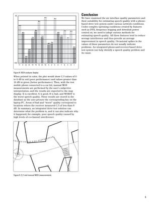 6 
Figure 8. BCH analyzer display 
When printed in color, the plot would show C/I values of 0 
to 9 dB in red (poor performance) and values greater than 
10 dB in green (better performance). Then, with the test 
mobile phone connected to a car kit, manual MOS 
measurements are performed by the user’s subjective 
interpretation, and the results are exported to the map 
display. E is excellent, G is good, B is bad, and WORST is 
the worst speech quality. These results are stored in the 
database as the user presses the corresponding key on the 
laptop PC. Areas of bad and “worst” quality correspond to 
locations where the receiver measured C/I of less than 9 
dB. In summary, an integrated drive test solution can 
determine what the problem is, and it can also indicate why 
it happened; for example, poor speech quality caused by 
high levels of co-channel interference. 
Figure 9. C/I and manual MOS measurements 
Conclusion 
We have examined the air interface quality parameters and 
their suitability for estimating speech quality with a phone-based 
drive test system under various network conditions. 
Under complex operating conditions created by features 
such as DTX, frequency hopping and downlink power 
control on, we need to adopt various methods for 
estimating speech quality. All these features tend to reduce 
average interference and thus provide an average 
improvement in speech quality. Occasional spikes in the 
values of these parameters do not usually indicate 
problems. An integrated phone-and-receiver-based drive 
test system can help identify a speech quality problem and 
its cause. 
G G G G G G G G G E E E E E E E E E E E E E E BB 
B 
G 
G 
B 
B 
B 
B 
B 
WORST 
WORST 
WORST 
WORST 
WORST 
G 
G 
G 
B 
B 
B 
B 
B 
E 
-61.0 
-68.9 
-94.6 
-85.9 
-73.5 
-66.8 
-56.5 
-71.8 
-53.2 
-80.4 
-79.6 
-54.3 
-68.5 
-71.3 
-67.4 
-74.7 
-67.6 
-83.2 
-50 
-100 
11 9 22 31 16 15 14 13 10 3 4 5 6 7 8 2 12 1 
 