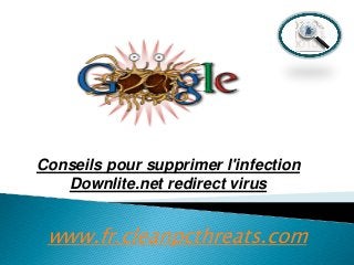 Conseils pour supprimer l'infection
Downlite.net redirect virus

www.fr.cleanpcthreats.com

 