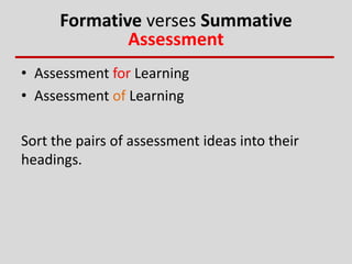 Formative verses Summative
Assessment
• Assessment for Learning
• Assessment of Learning
Sort the pairs of assessment ideas into their
headings.
 