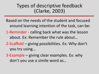 Types of descriptive feedback
(Clarke, 2003)
Based on the needs of the student and focused
around learning intention of the task, can be:
1-Reminder - calling back what was the lesson
about. Ex: Remember the rule about…
2-Scaffold – giving possibilities. Ex: Why don’t
you try using…
3-Example – giving clear examples. Ex: why
don’t you use a simile word as…
 