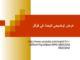 ‫عرض توضيحي للبحث في قوقل‬

http://www.youtube.com/watch?v=90Rmh7hpJ4&list=SP613B5C5A9
682C9AD

 