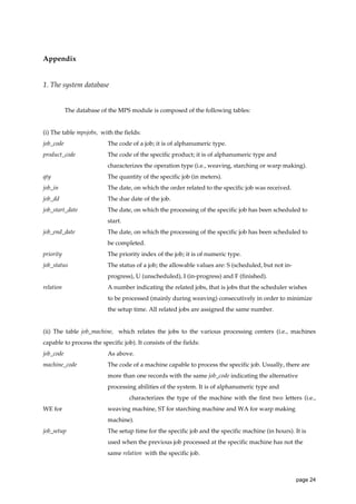 Appendix

1. The system database

The database of the MPS module is composed of the following tables:

(i) The table mpsjobs, with the fields:
job_code

The code of a job; it is of alphanumeric type.

product_code

The code of the specific product; it is of alphanumeric type and
characterizes the operation type (i.e., weaving, starching or warp making).

qty

The quantity of the specific job (in meters).

job_in

The date, on which the order related to the specific job was received.

job_dd

The due date of the job.

job_start_date

The date, on which the processing of the specific job has been scheduled to
start.

job_end_date

The date, on which the processing of the specific job has been scheduled to
be completed.

priority

The priority index of the job; it is of numeric type.

job_status

The status of a job; the allowable values are: S (scheduled, but not inprogress), U (unscheduled), I (in-progress) and F (finished).

relation

A number indicating the related jobs, that is jobs that the scheduler wishes
to be processed (mainly during weaving) consecutively in order to minimize
the setup time. All related jobs are assigned the same number.

(ii) The table job_machine, which relates the jobs to the various processing centers (i.e., machines
capable to process the specific job). It consists of the fields:
job_code

As above.

machine_code

The code of a machine capable to process the specific job. Usually, there are
more than one records with the same job_code indicating the alternative
processing abilities of the system. It is of alphanumeric type and
characterizes the type of the machine with the first two letters (i.e.,

WE for

weaving machine, ST for starching machine and WA for warp making
machine).

job_setup

The setup time for the specific job and the specific machine (in hours). It is
used when the previous job processed at the specific machine has not the
same relation with the specific job.

page 24

 
